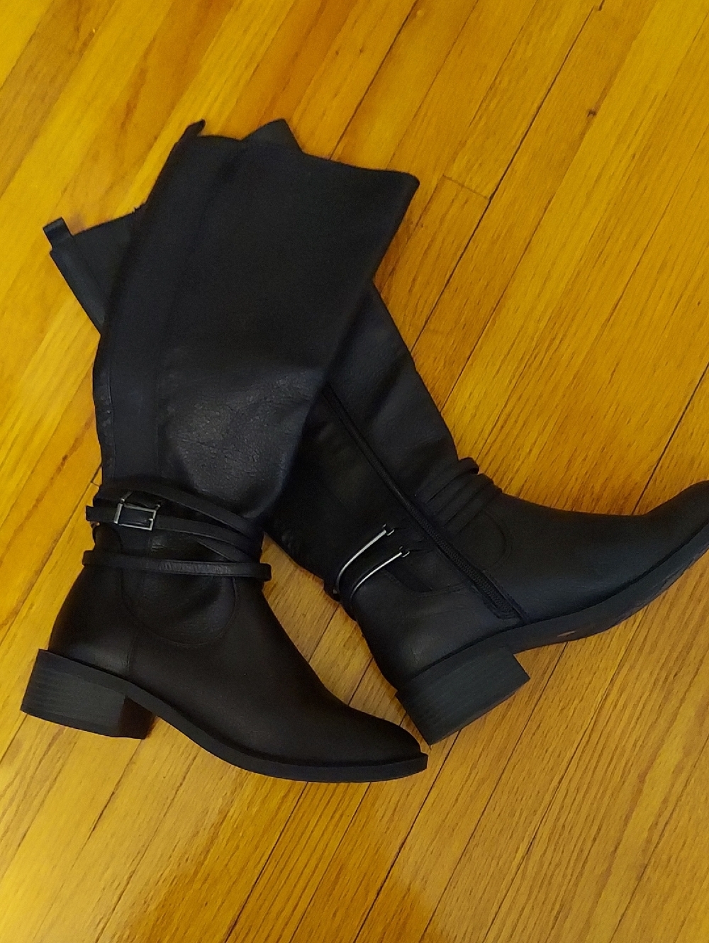 White Mountain Black Faux Leather Knee-High Buckle Strap Heeled Boots